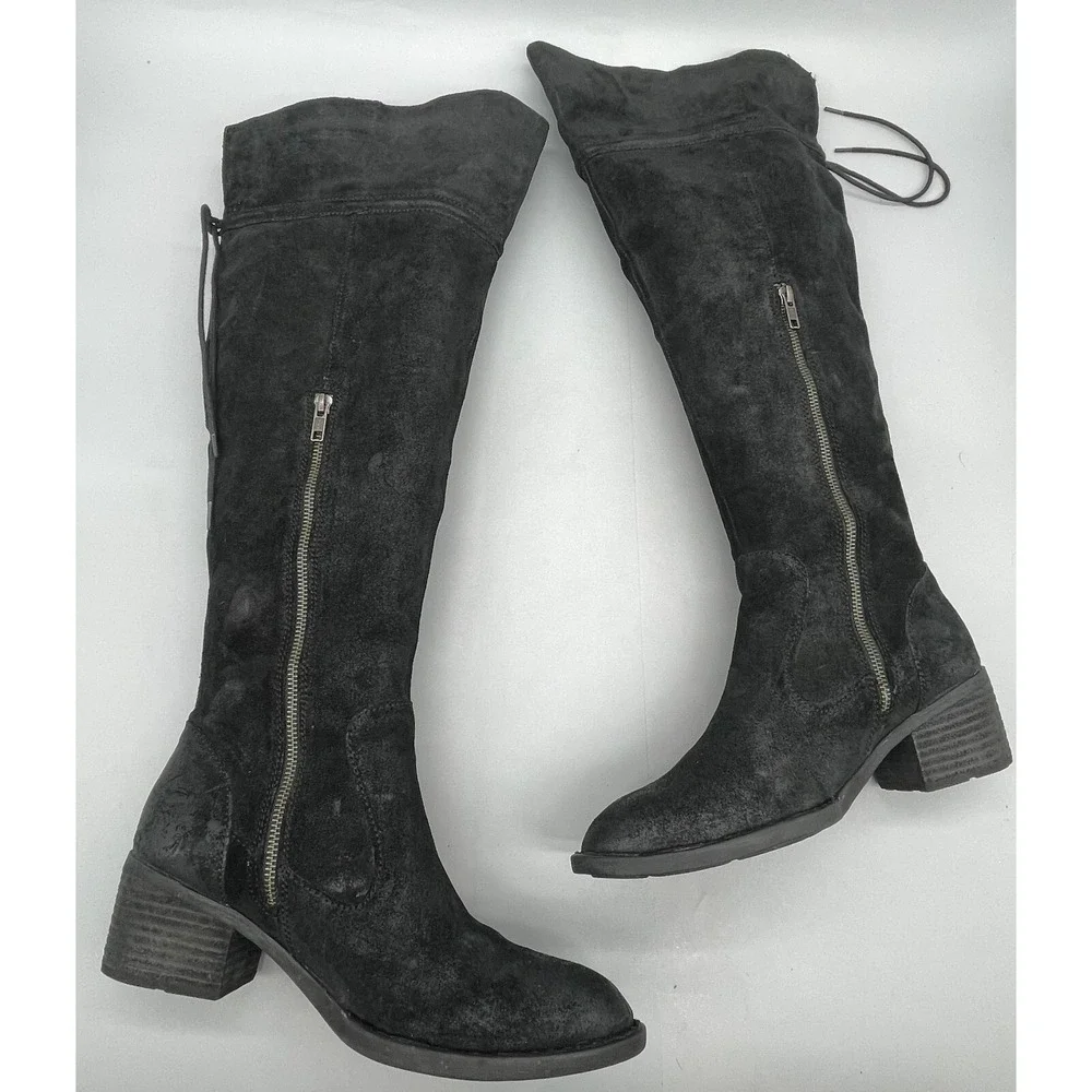 Born Womens 9.5M Gallinara Boot Over The Knee Black Distressed Suede Riding Boho